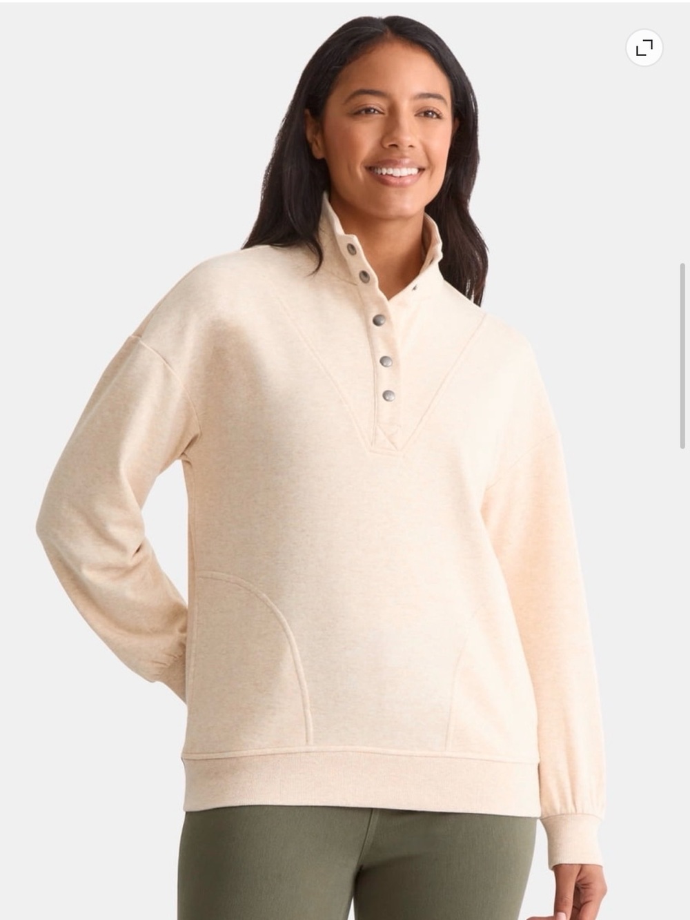 Time and Tru Cream Snap-Front Mock Neck Pullover